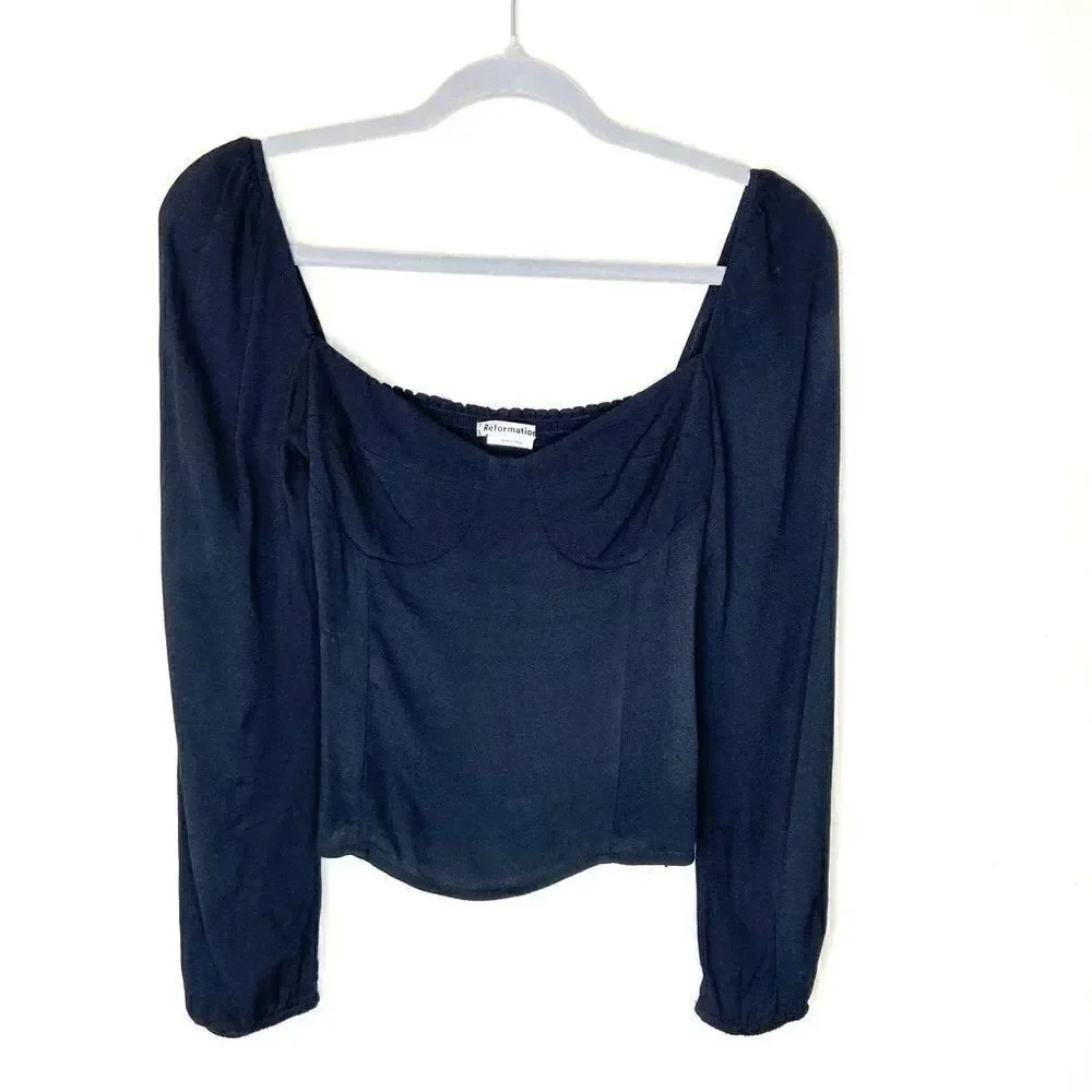 Reformation Reign Black Crop Top Blouse Size 2